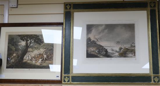 After Howitt, 2 engravings, Tiger attacking bullock and Ganges in Flood